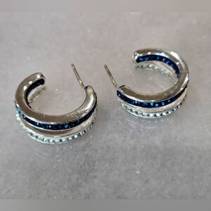 Elegant Silver and Blue and White Hoop Earrings Rhinestones Inside And Out